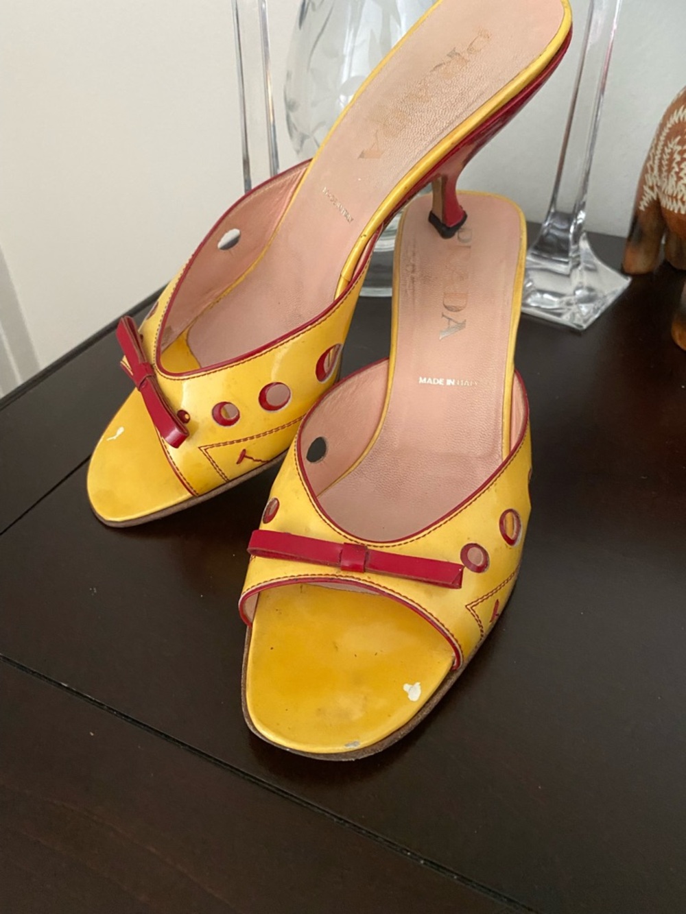Prada Yellow and Red Open-Toe Mule Heels with Bow Accent